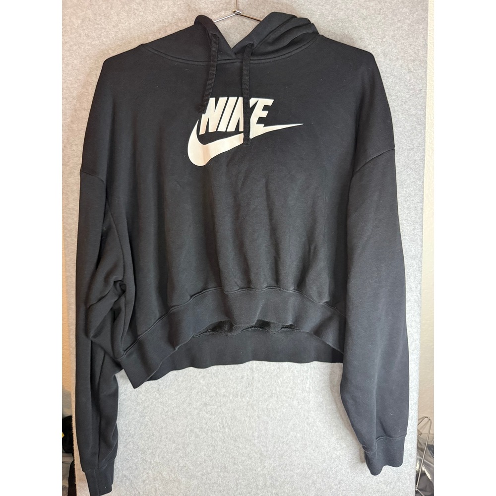 Nike Sportswear Essential Women Cropped Hoodie Black White Logo Fleece Large